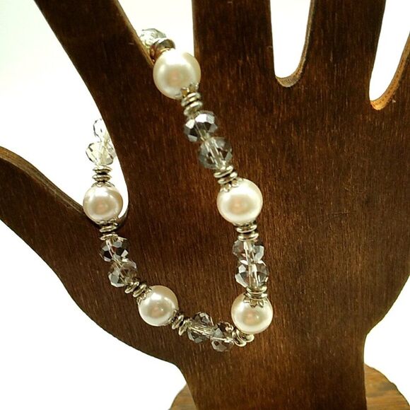 L&F Faux Pearl Crystal Beaded Stretch Bracelet with Silver-tone Spacers - Picture 6 of 8